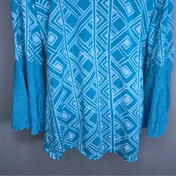 XL SANTIKI TEAL BLUE WHITE BELL SLEEVE BLOUSE TOP STRETCH PULLOVER - Picture 7 of 11